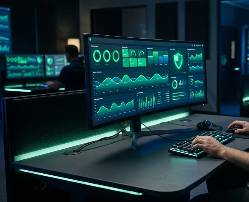 Operations monitoring workstation displaying 24/7 uptime health dashboards with green latency telemetry waves and security shield badges