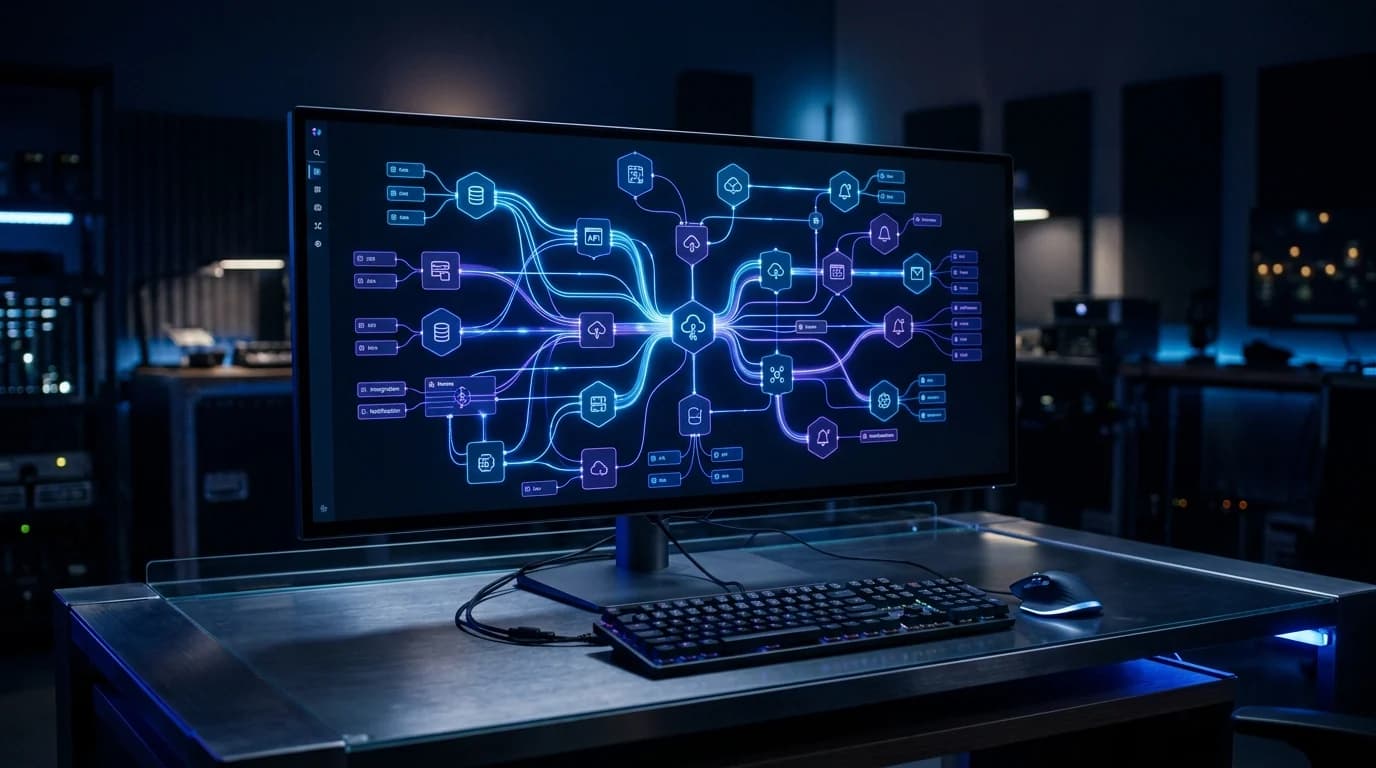 Visual node-graph automation canvas connecting modular service endpoints with glowing data flow lines