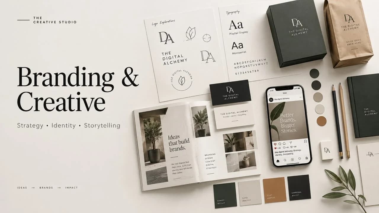 Brand identity layout for The Digital Alchemy Media Private Limited: logo sketches, typography, business cards, packaging, a brochure and colour swatches