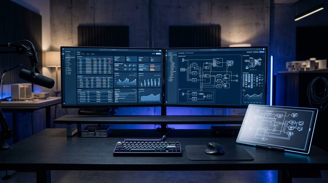 Dual desktop monitors displaying an internal operations dashboard with data tables alongside a tablet system architecture diagram on a dark workspace