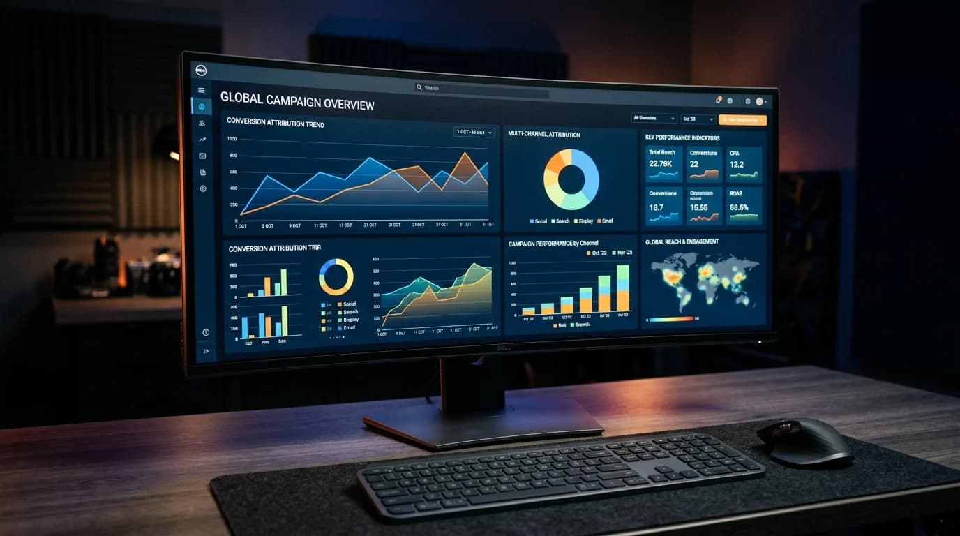 Multi-channel marketing intelligence dashboard showing growth trends, conversion attribution charts, and performance heatmaps