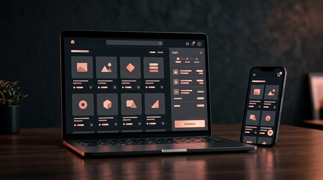 Laptop and phone displaying an upscale online store interface with product grid cards, slide-out shopping cart, and checkout summary