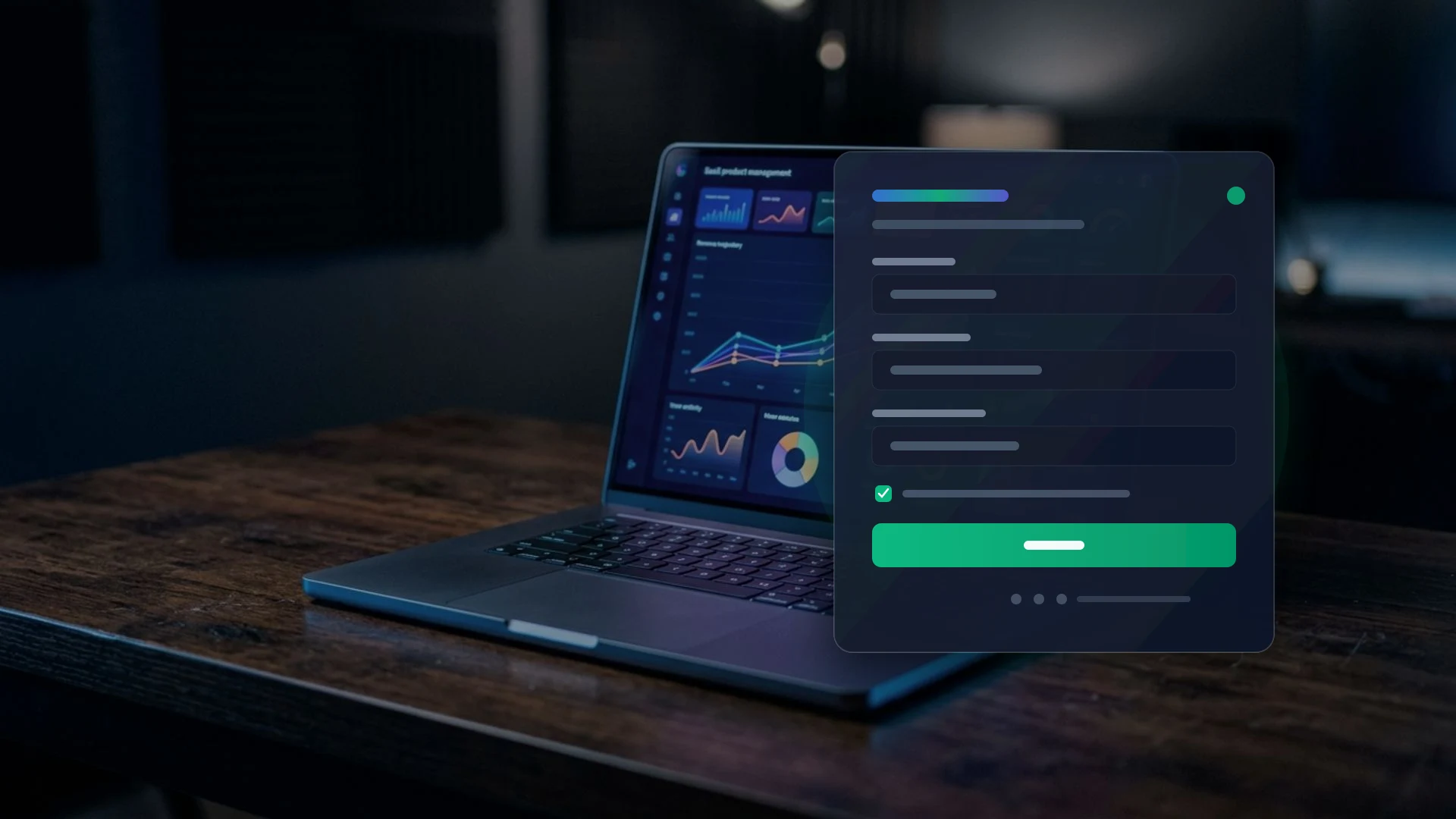 Dark workstation with a laptop alongside a glassmorphic inbound lead capture form card featuring input fields, consent checkbox, and an emerald submit button