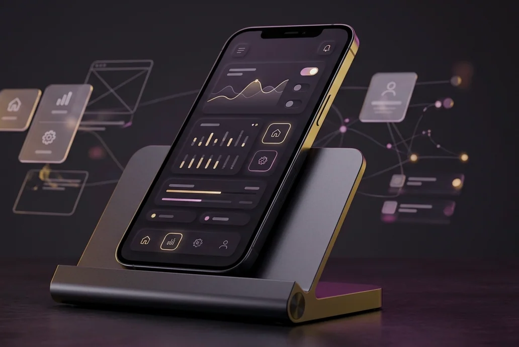 Smartphone screen displaying social media ad creative cards with performance tags against dark ambient lighting