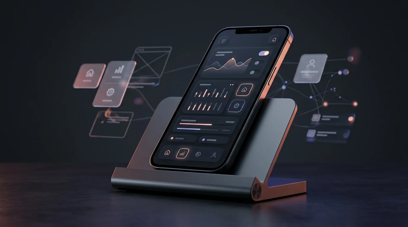 Dark-mode smartphone on an aluminum dock displaying application controls with floating translucent UI cards