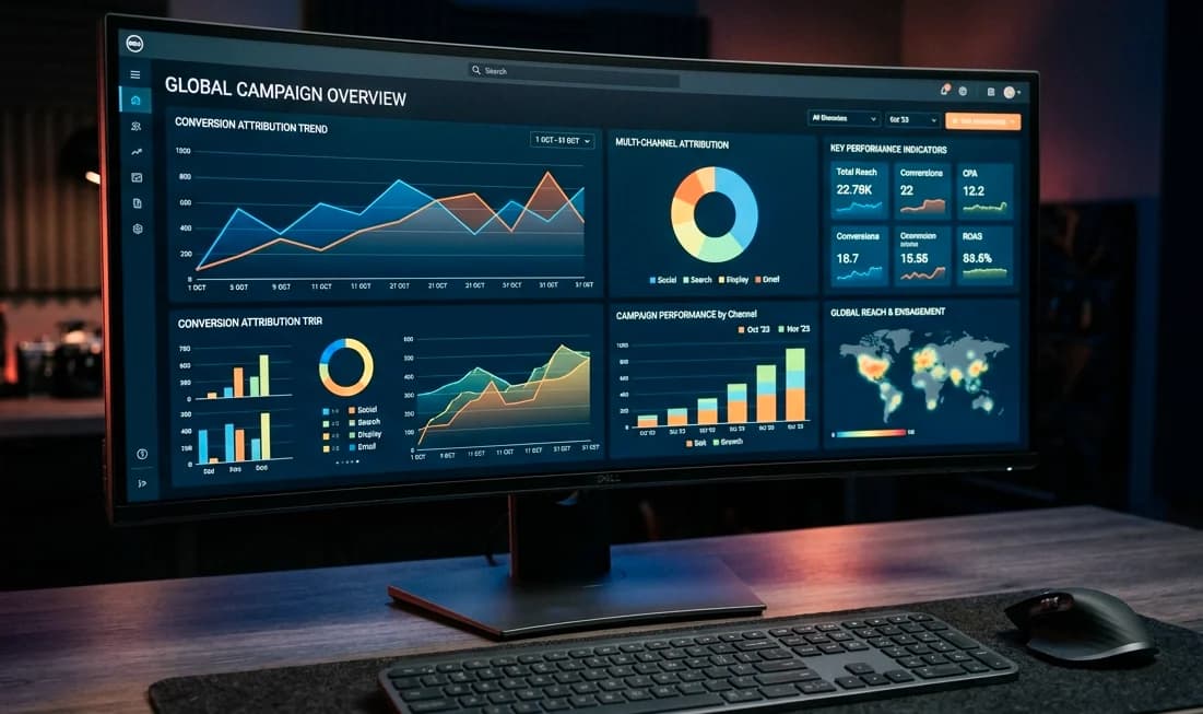 Real-time advertising dashboard showing ROAS analytics, conversion rate indicators, and audience attribution breakdowns