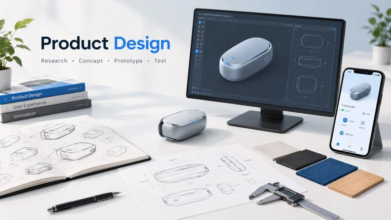 Product design desk with sketchbook drawings, a technical drawing with measurements, a 3D model on a monitor and the finished device beside its phone app
