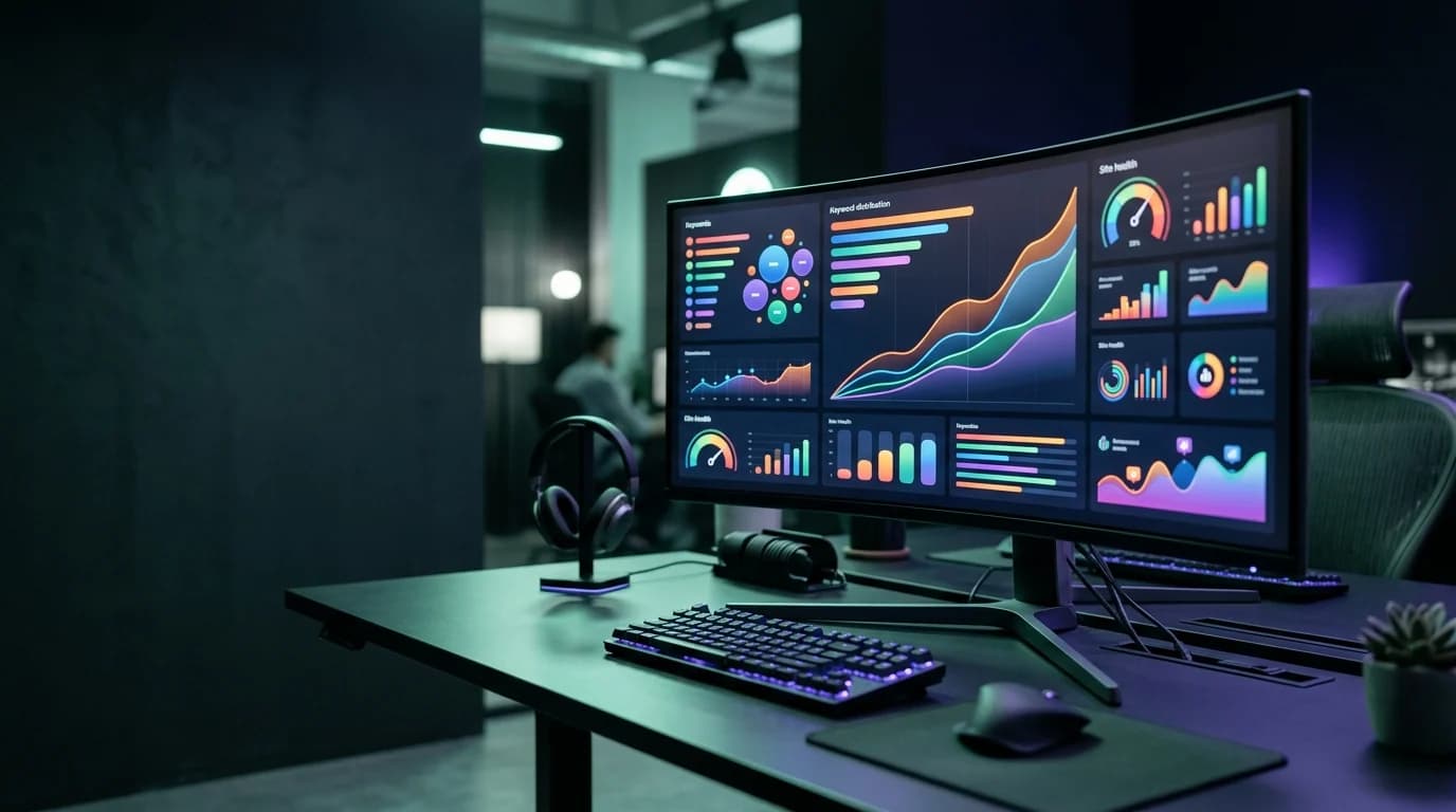 Curved monitor showing search engine visibility curves, ranking trajectory charts, and site health speedometers in soft mint lighting