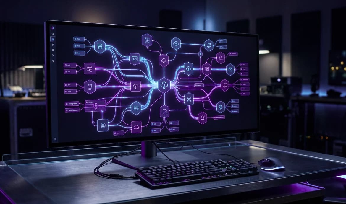 Curved widescreen monitor running an interactive browser application with modular widgets and data feeds