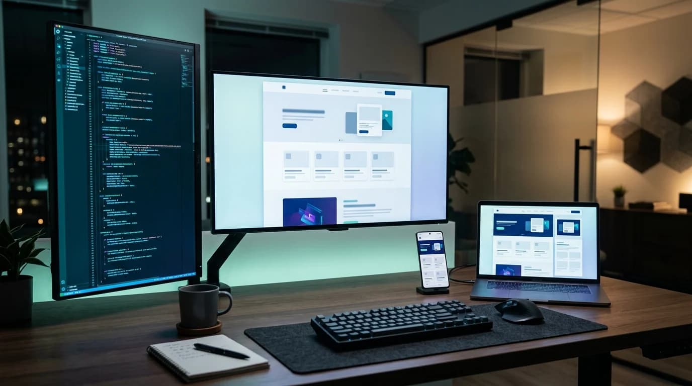 Large widescreen display showing a responsive corporate website layout with a vertical code editor and synchronized mobile device on a desk